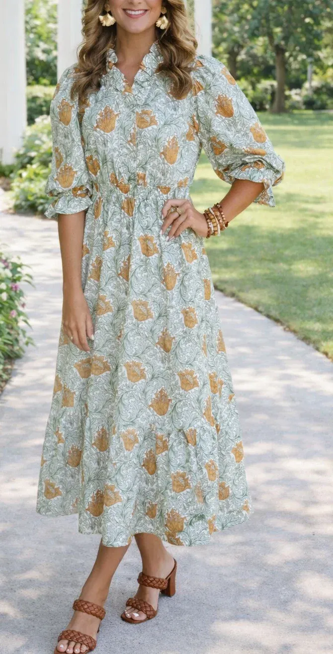 Brown Floral V Neck Dress