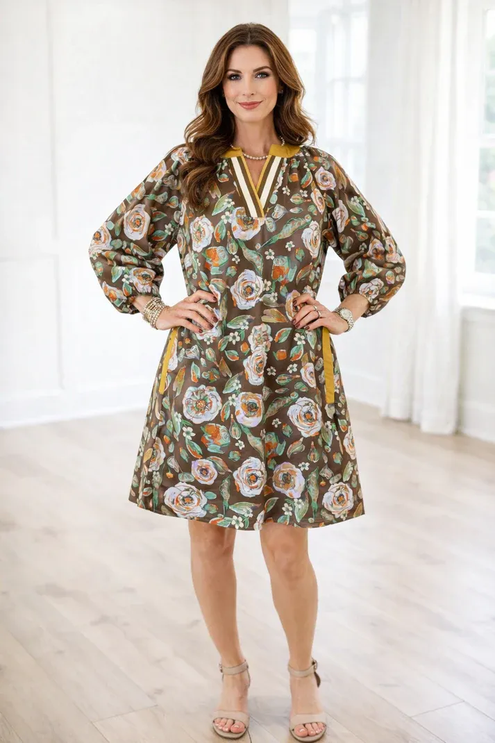 Brown Floral Contrast Mini Dress