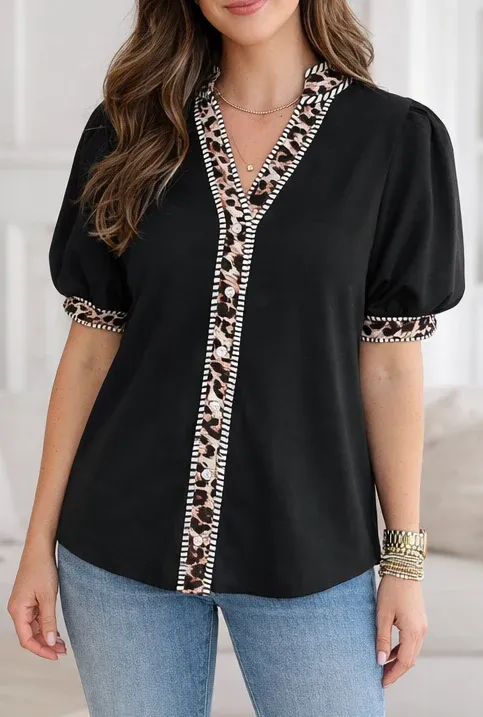 Black Leopard Trim V Neck