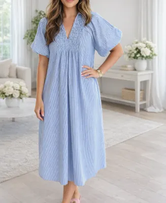 Blue Stripe Shirred Midi