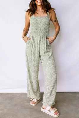 Green Smocked Floral Jumpsuit