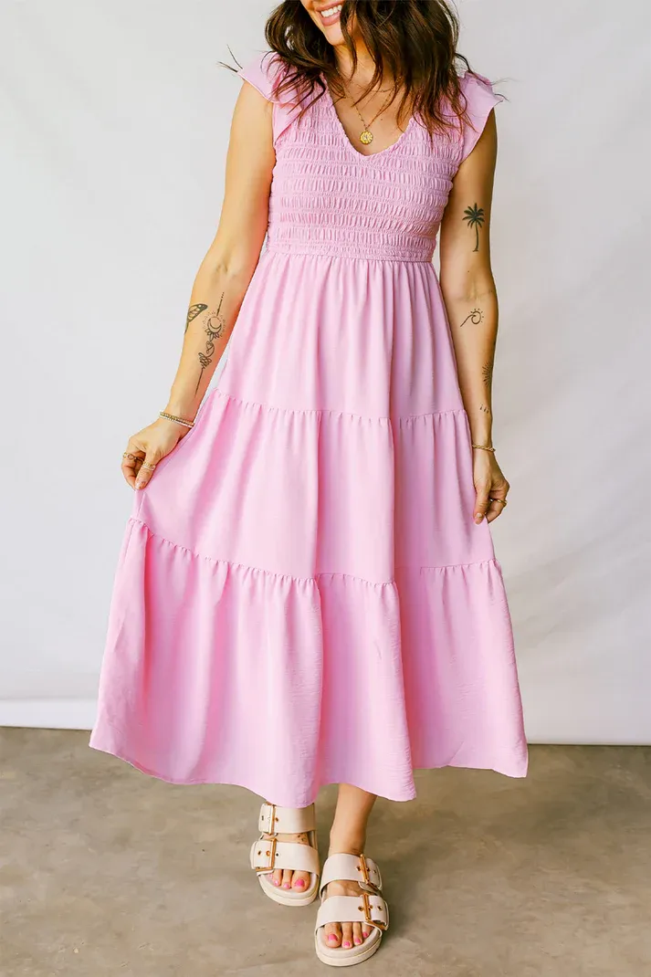 Pink Smocked Midi Dress