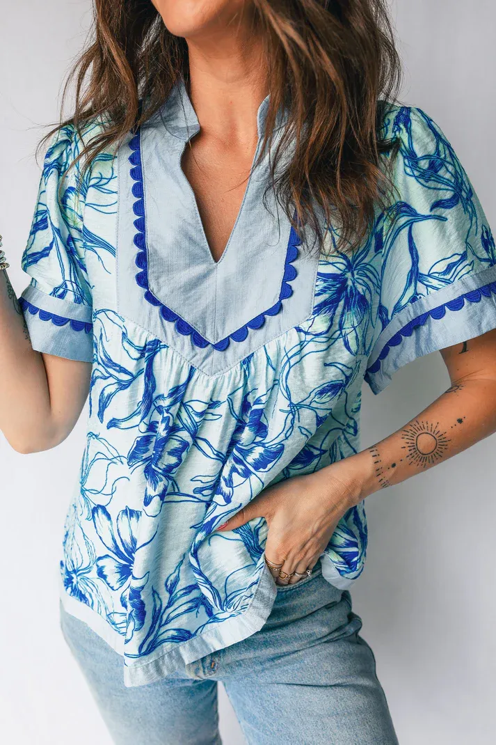 Blue RicRac Floral Blouse