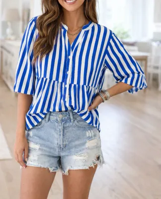 Blue Stripe Balloon Sleeve