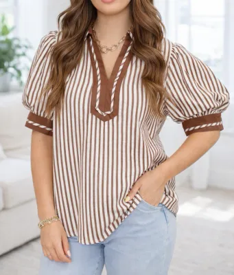 Khaki Stripe Bubble Sleeve Blouse