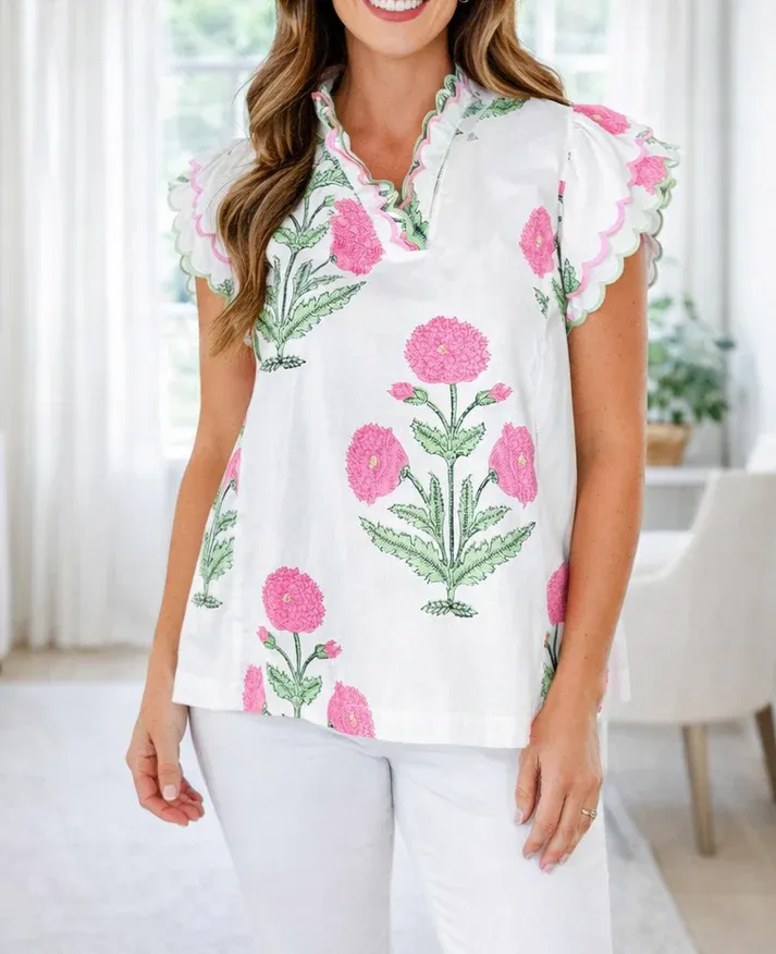 Pink Wild Flower Scallop Blouse