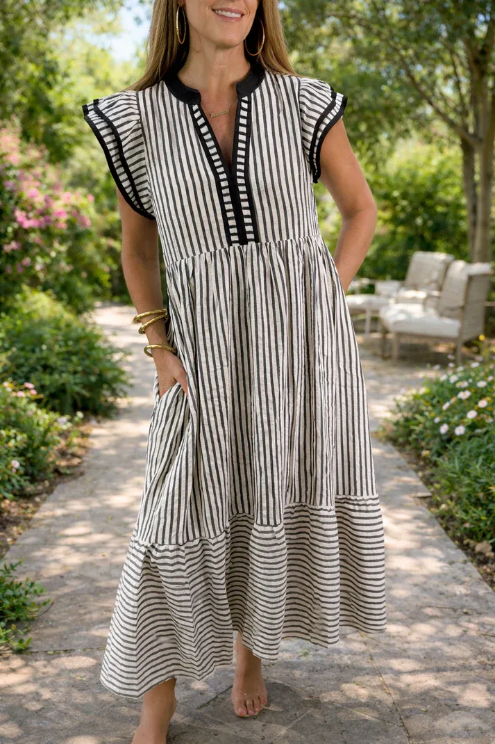 Stripe Double Ruffle Midi Dress
