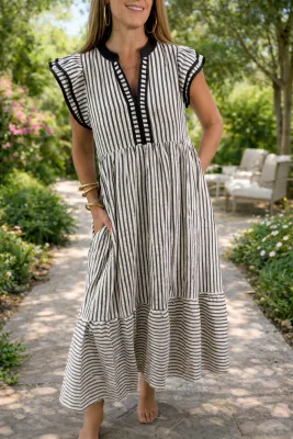 Stripe Double Ruffle Midi Dress