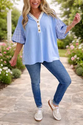 Blue Colorblock Plaid Blouse