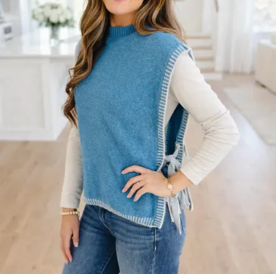 Blue Trim Knot Side Sweater