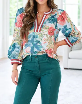 Sky Blue Floral Trim Blouse