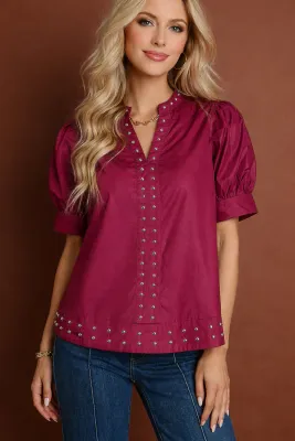 Burgundy Embellished Puff Blouse