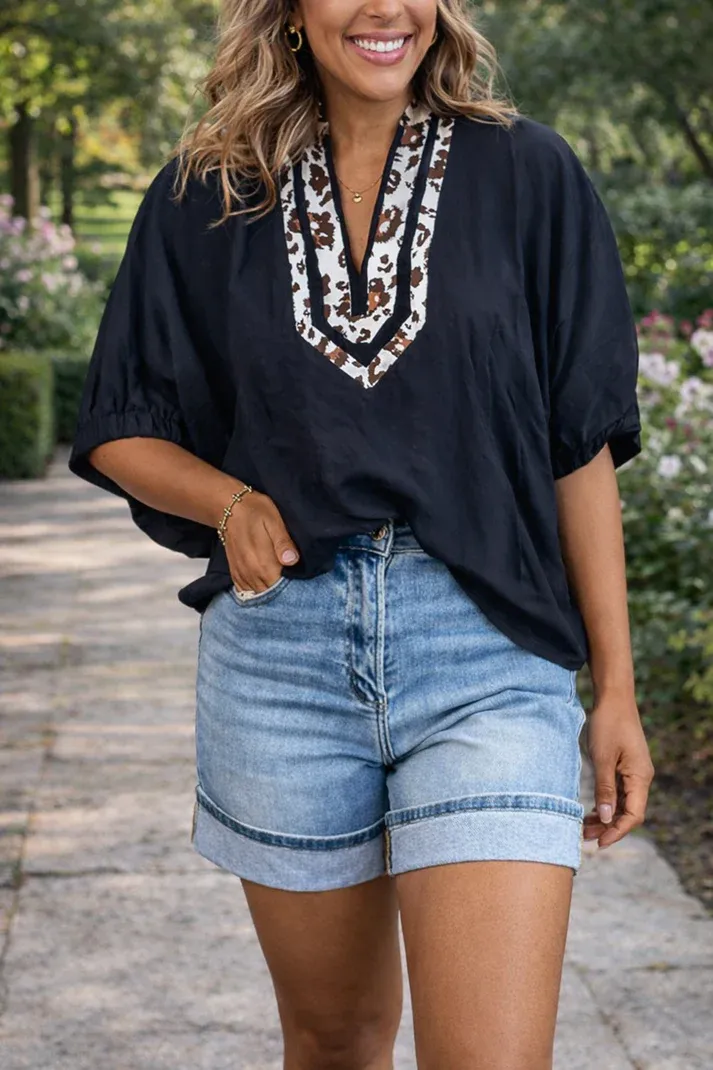 Black Dolman Leopard Trim Blouse