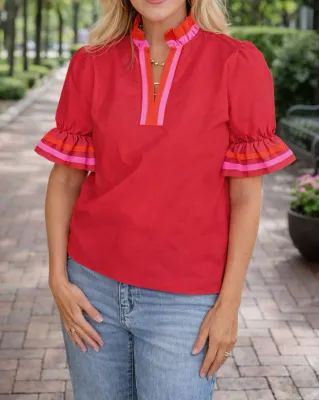 Red Stripe Frilled Blouse