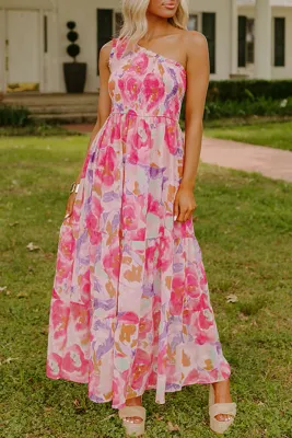 Pink Floral One Shoulder Maxi