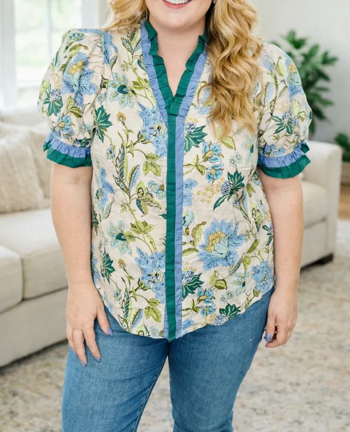 Blue Frilled Floral Blouse