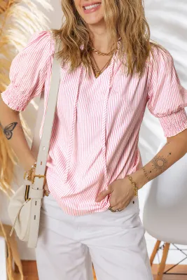 Pink Striped Shirred Blouse