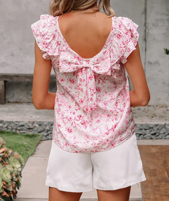 Pink Floral Bow Back Blouse