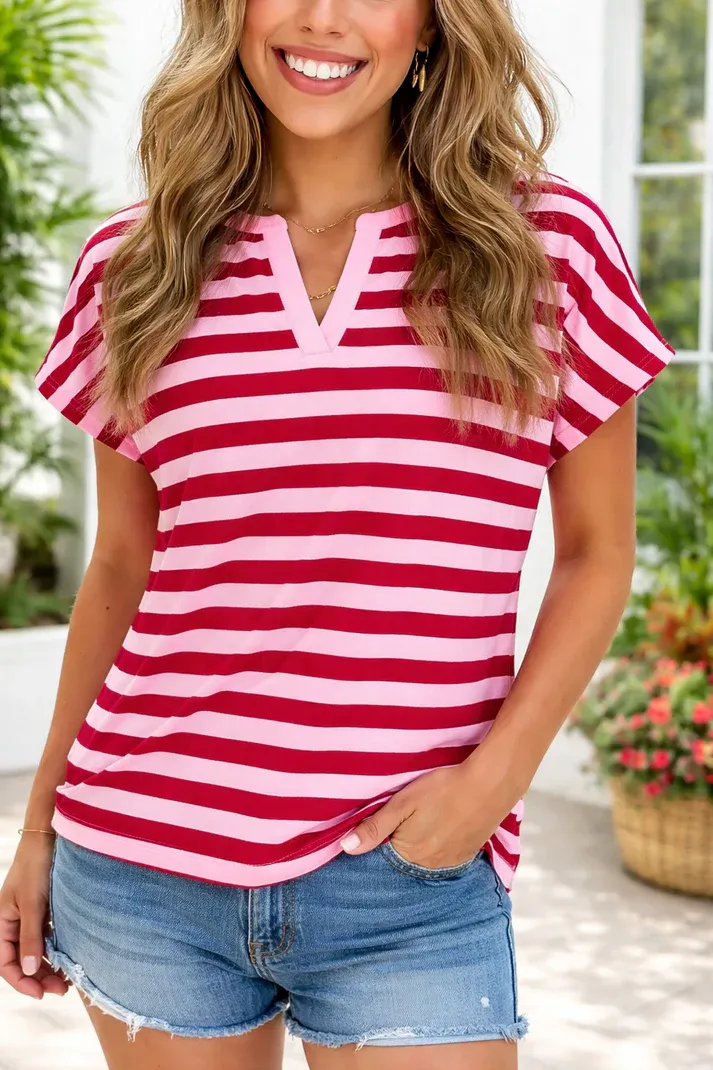 Pink Stripe V Neck Shirt