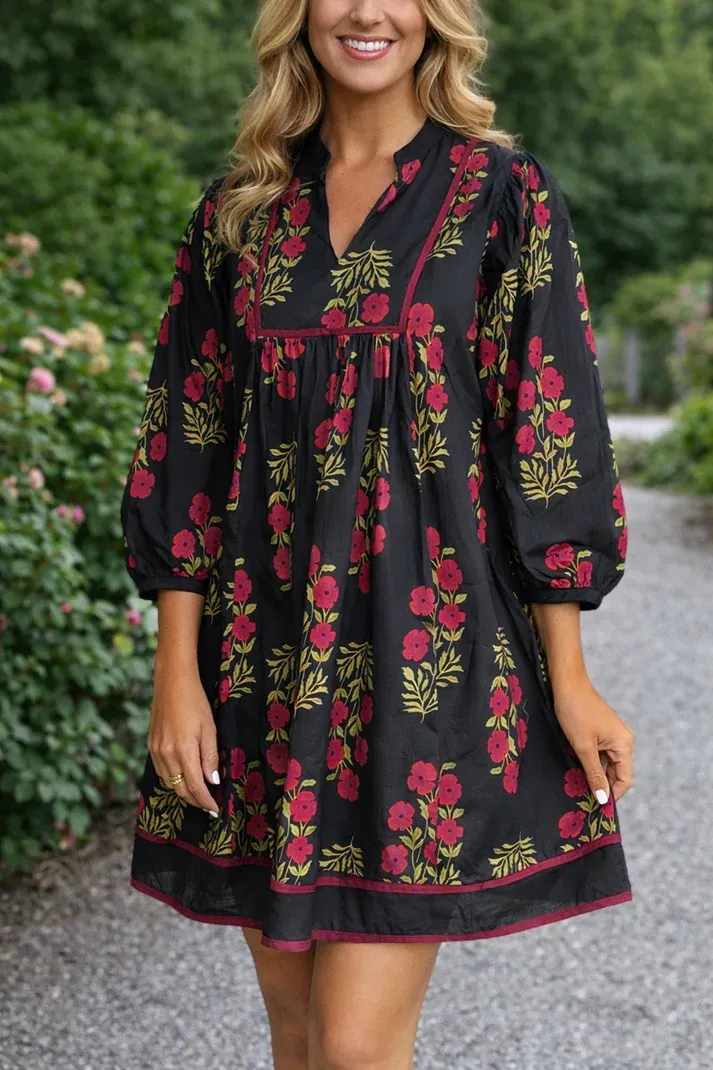 Black Floral Notched Dress