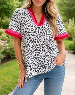 Gray Ruffled Trim Leopard Blouse