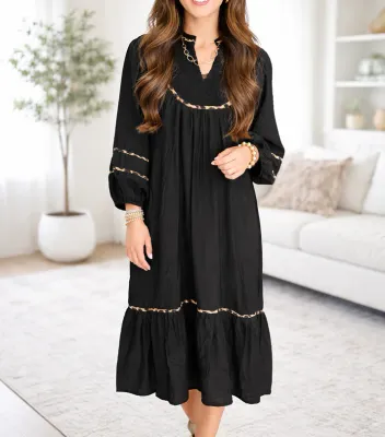 Black Leopard Trim Casual Dress