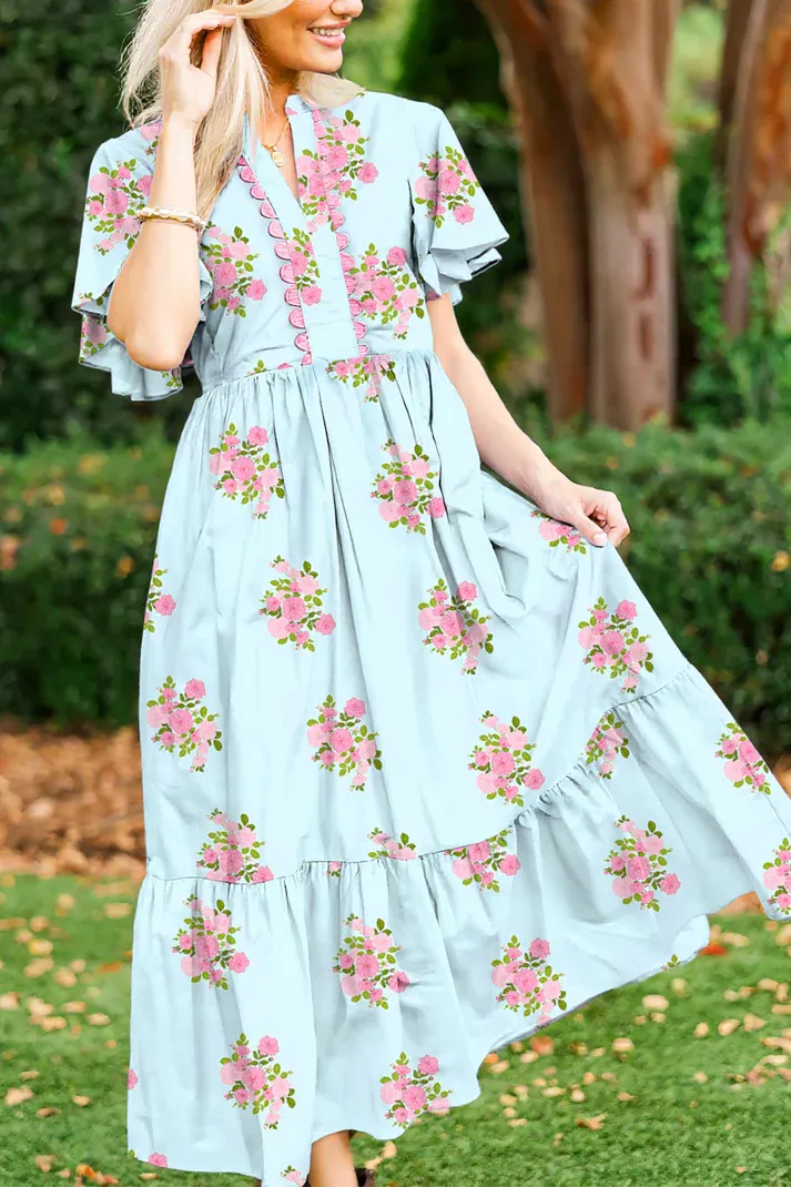 Blue Notched Floral Maxi Dress