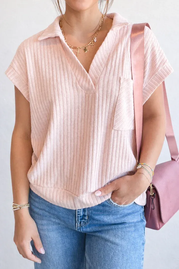 Pink Collared Ribbed Top