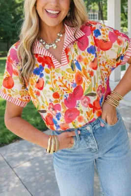 Rose Striped Trim Floral Blouse