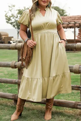 Green V Neck Tiered Dress