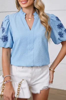 Blue Flower Embroidered Blouse