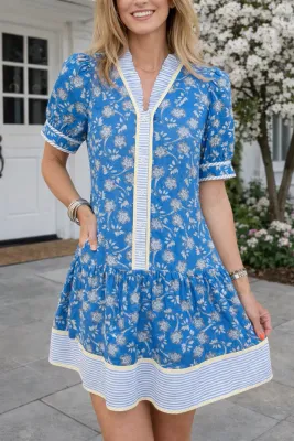 Blue Striped Trim Floral Dress