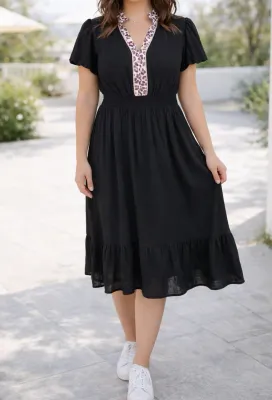 Black Leopard V Neck Dress