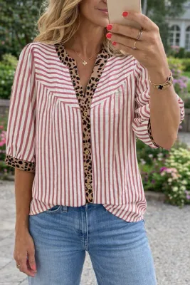 Stripe Leopard Trim Shirt