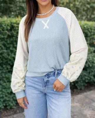 Blue Textured Floral Sleeve Top