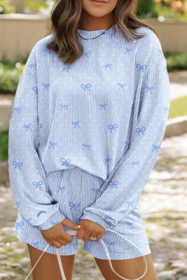 Blue Bow Print Rib Set