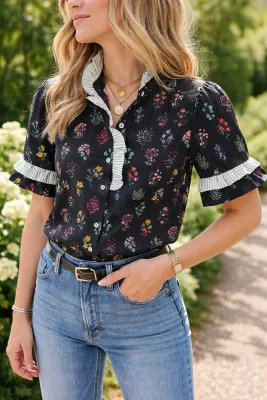 Black Frilled Trimmed Floral Shirt