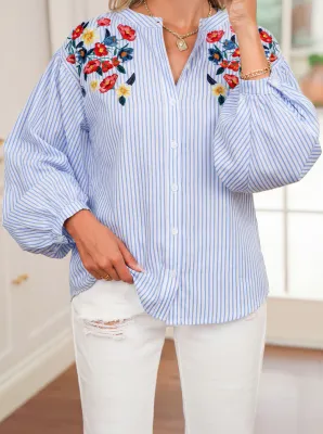 Blue Stripe Floral Embroidered Top