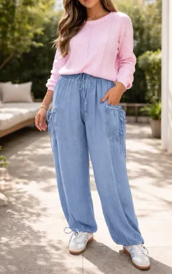 Blue Drawstring Elastic Pants