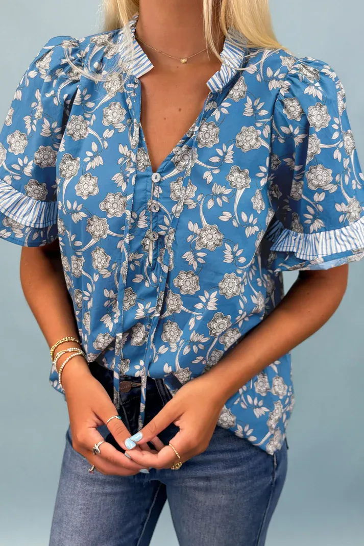 Blue Floral Button Blouse