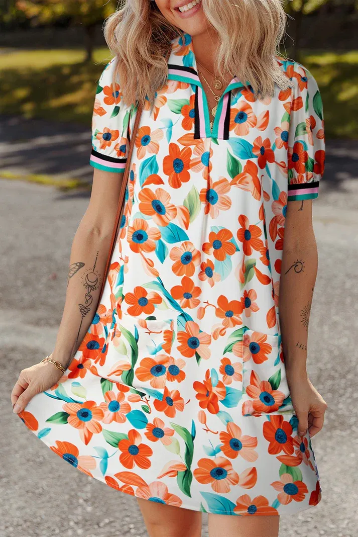 Orange Floral Contrast Trim Dress