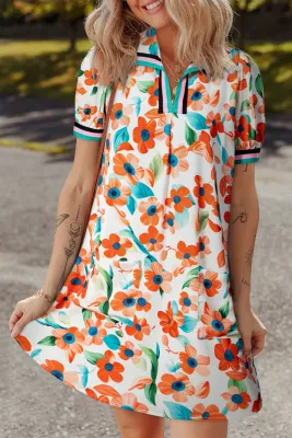 Orange Floral Contrast Trim Dress