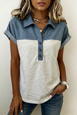 Denim Patchwork Polo Top