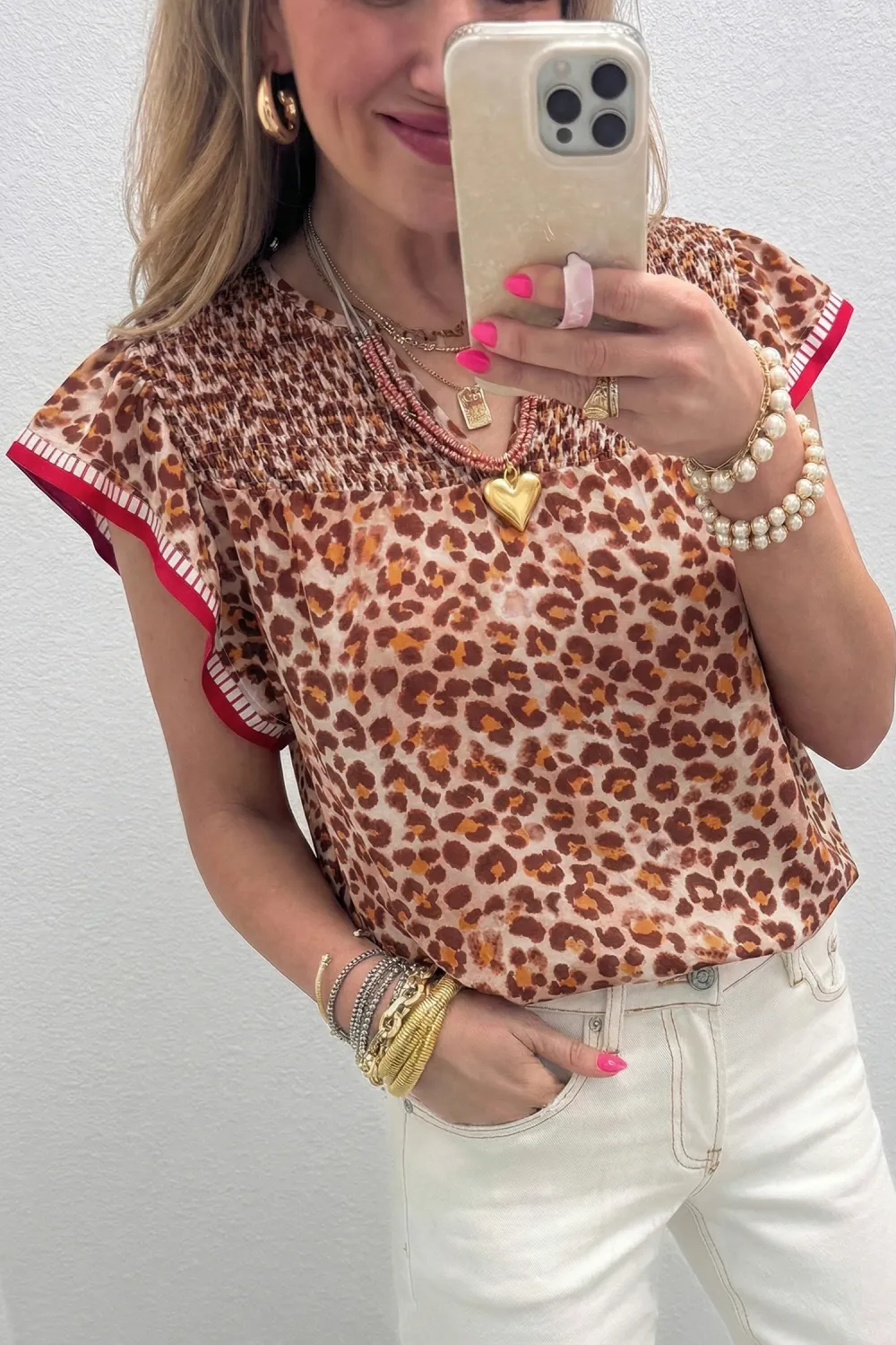 Apricot Contrast Trim Leopard Blouse