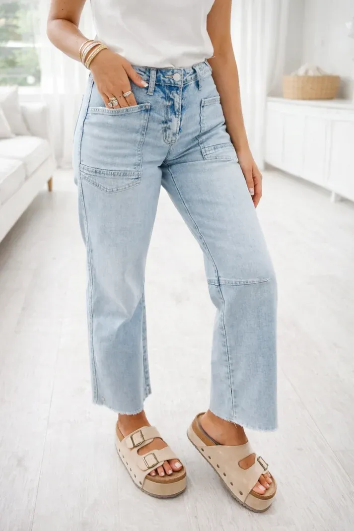 Blue Frayed Cropped Jeans