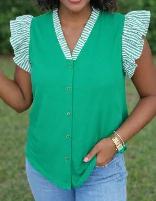 Green Stripe Trim Blouse