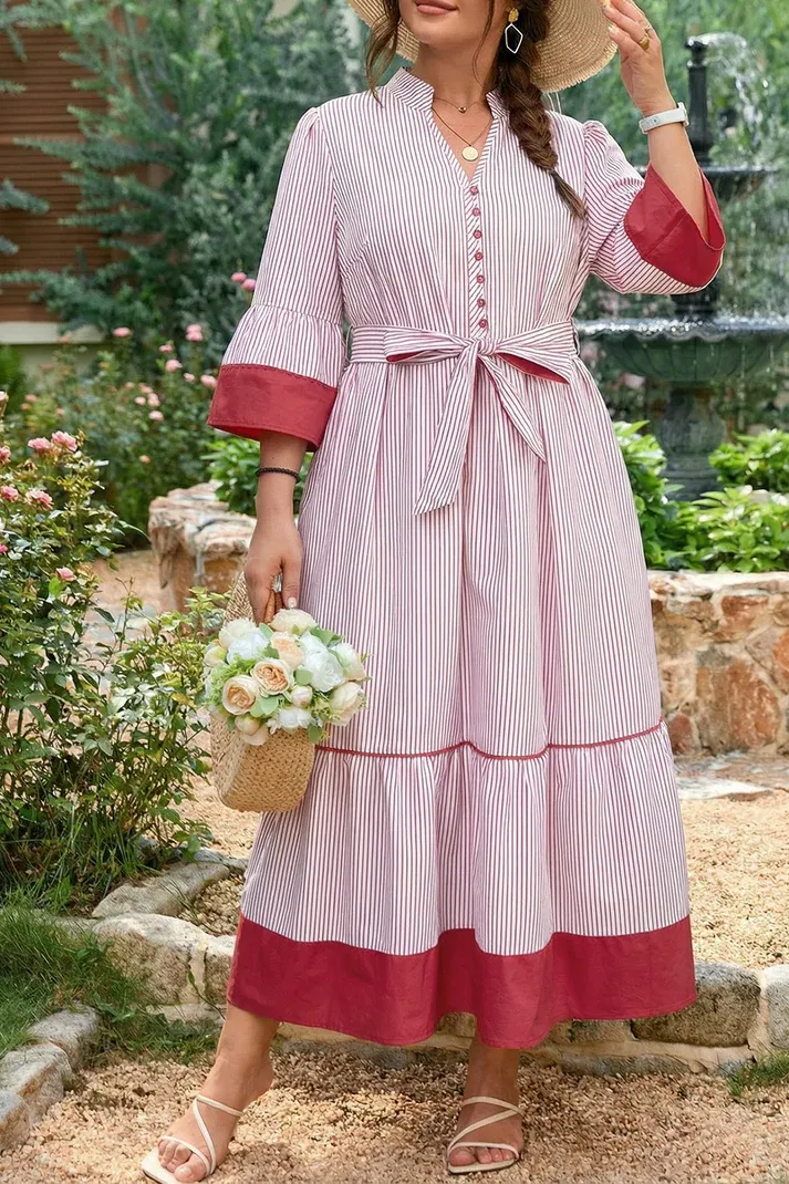 Red Stripe Ruffled Midi Dress