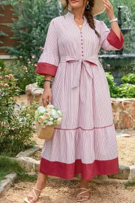 Red Stripe Ruffled Midi Dress