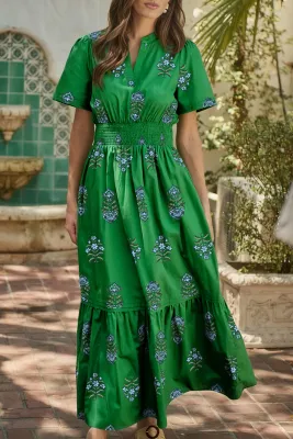 Green Floral Shirred Maxi Dress