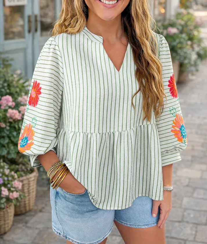 Green Stripe Flower Babydoll Blouse